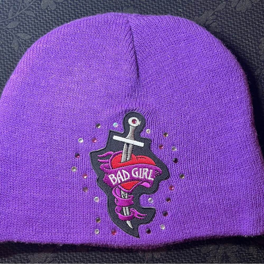 Knit Hat-Purple Bad Girl w/Rhinestones OS